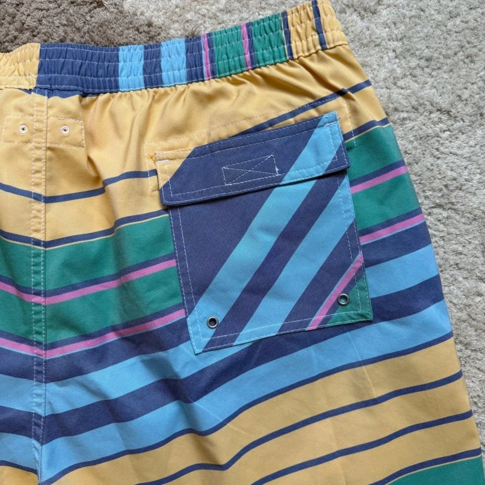 Brooks‎ Brothers 346 Mens XL Swim Trunks Striped Board Shorts Yellow Blue Green